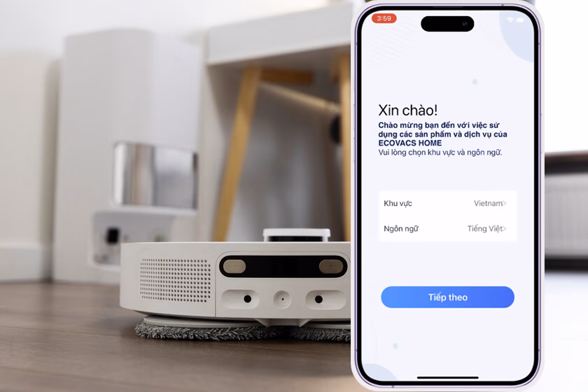 Màn hình tạo tài khoản app Ecovacs Home, chọn Region Vietnam