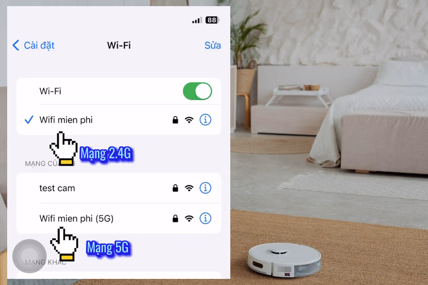 Màn hình WiFi điện thoại hiển thị mạng 2.4GHz và 5GHz riêng biệt